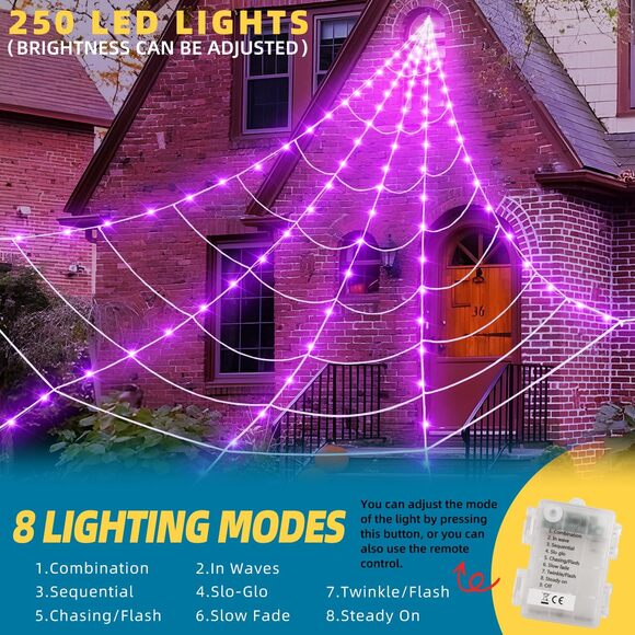 Halloween Spider Web Lights 200 Inch 250 LED Purple Outdoor Indoor Yard Décor - Picture 3 of 7